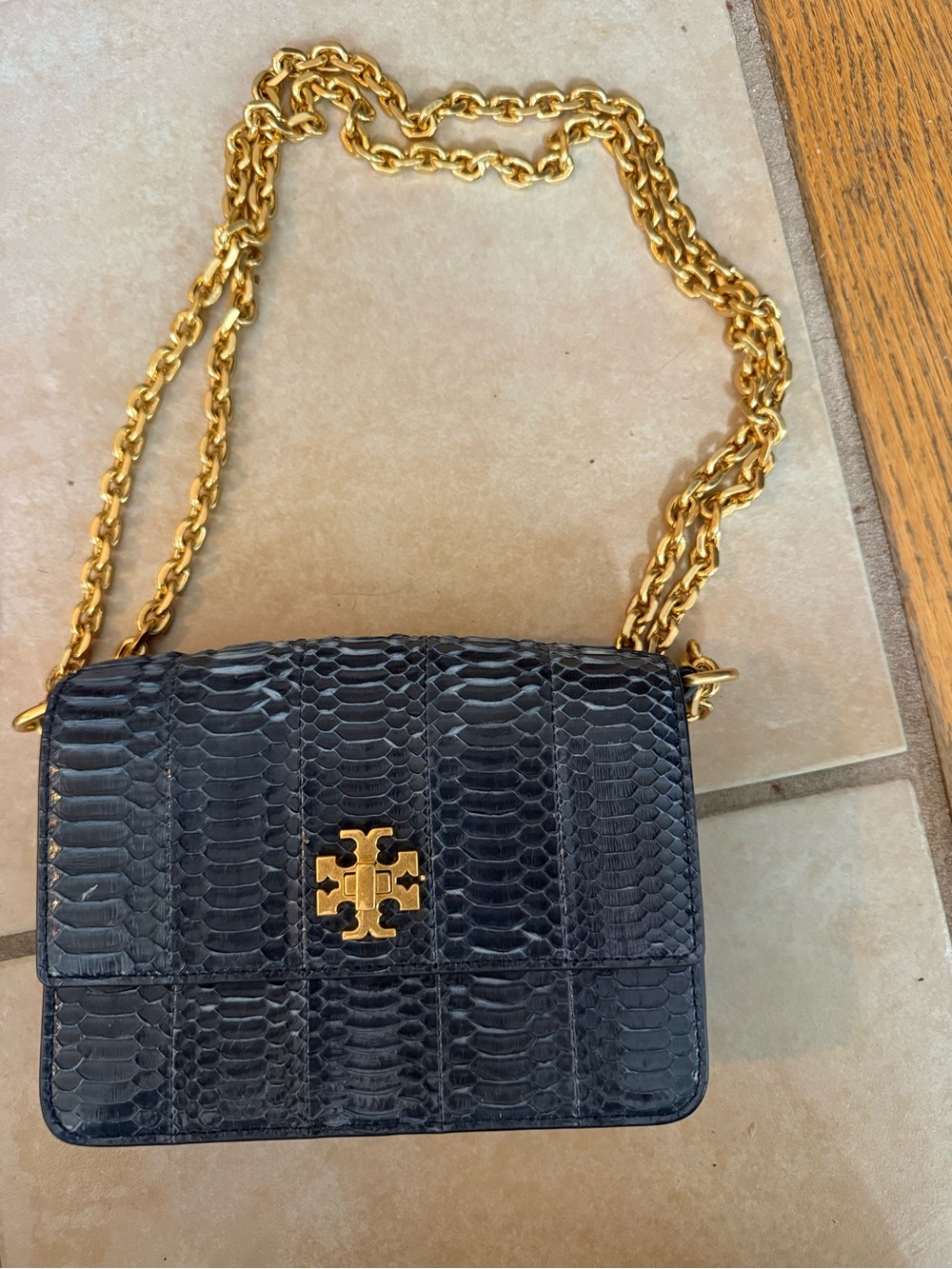 Tory Burch Black Embossed Leather Crossbody with Gold Chain
